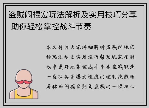 盗贼闷棍宏玩法解析及实用技巧分享 助你轻松掌控战斗节奏